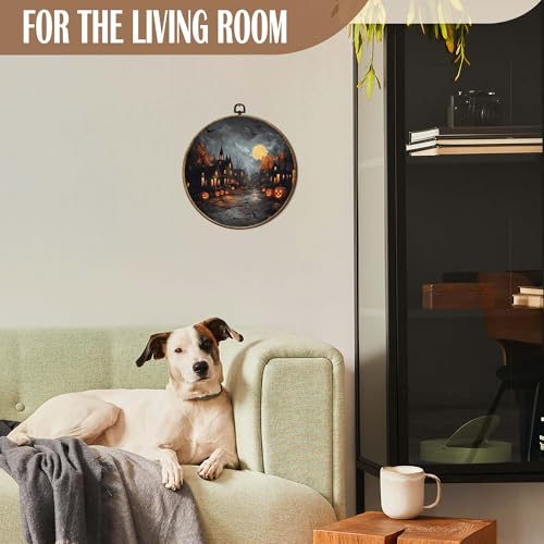 FSTCSV Spooky Halloween Round Wall Art Framed, Haunted House Pumpkin Canvas Prints Wall Hanging Art, Dark Academia Fall Halloween Circle Walls Decor for Haunted House Home Bedroom, 10x10in - color: color-3