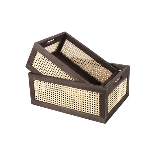 Rattan Wooden Storage Basket with Handle, Brown Set of 2 - color: Brown, size: Large & Small (Set of 2)