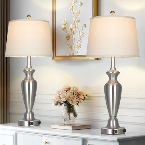 30" Tall Silver Table Lamps Set of 2 for Living Room, Touch Control Bedside Lamps for Nightstand, 3-Way Dimmable Bedroom Table Lamp with USB A+C Ports and AC Outlet (2 LED Bulbs Included) - color: Silver - 30"H