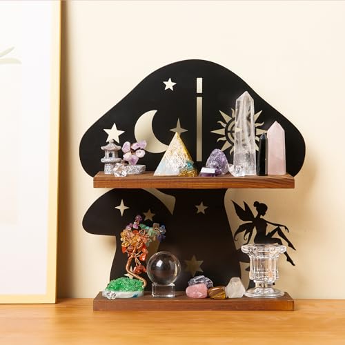 Wooden Mushroom Shelf with Iron Backing - Rustic Wall Decor for Crystals, Oils & Trinkets | Decorative Display Shelf for Witchy Room, Mushroom Decor & Fairy Core Decor | Mushroom Wall Art Gift