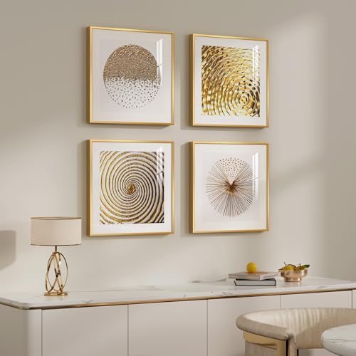 Framed Gold Modern Abstract Geometric Wall Art Prints, 4 Piece 12x12 In - color: Gold & White, size: 12" W x 12" H x 4 Pieces