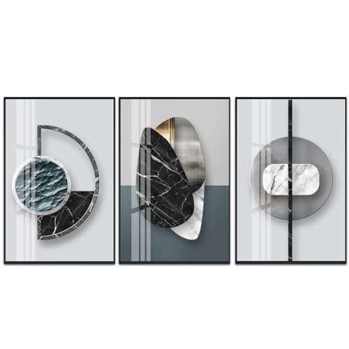 QKF 3Pcs Abstract Marble Geometric Crystal Surface Framed Canvas Wall Art - color: Black Ash, size: 20" X 28" X 3 pieces