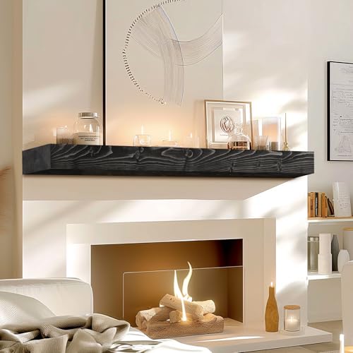 48x7x3in Solid Pine Wood Fireplace Mantel, Weathered Black - color: Weathered Black, size: 48x3x7-solid