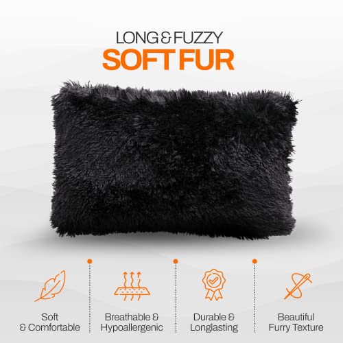 Cheer Collection Throw Pillows for Couch and Bed, Soft Shaggy Throw Pillows with Inserts Included, Cozy Long Hair Faux Fur Pillows - Set of 2-12" x 20" - Black - color: Black, size: 12" x 20"