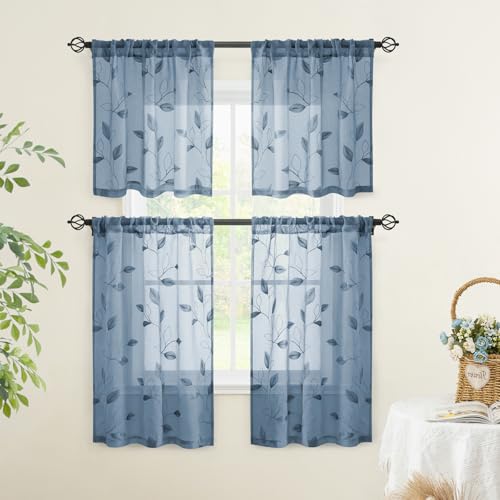 HOMEIDEAS Stone Blue Kitchen Tier Curtains Leaf Embroidered, 30x36, 2 Panel - color: Stone Blue, size: 30"W x 36"L (Pack of 2)