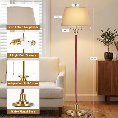 2-Light Floor Lamp for living room, 66.5'' Rustic Farmhouse Pole Lamp with Double Pull Chain, Mid Century Modern Tall Standing Lamp for Home Decor(3 Color Temperatures Bulb Included), Walnut Gold - color: Walnut Gold