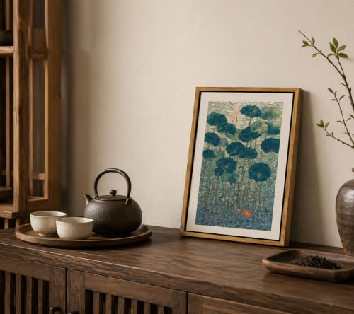Floating Framed Lotus And Koi Canvas Wall Art, Vintage Japanese Botanical Pond Painting Picture Wall Decor, Minimalist Zen Poster Print Artwork for Bedroom Zen Meditation Room Home Decoration 8x10in - color: Lotus And Koi, size: 10"L x 8"W