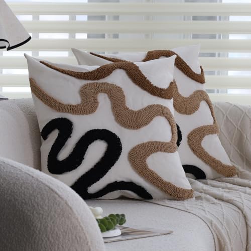 Pack of 2 Boho Tufted Throw Pillow Covers 18x18 Inch, Abstract Wavy Stripes 3D Textured Decorative Pillowcases Modern Squiggle Line Art for Couch Sofa, Black Tan Brown Tufting Durable Off-White Canvas