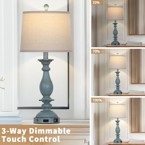 CINSARY 28" Tall Coastal Table Lamps for Living Room Set of 2, Farmhouse Rustic Blue Bedside Touch Lamp with USB C+A Ports & Outlet, 3-Way Dimmable Resin Nightstand Lamps for Bedroom Side End Table - color: Blue