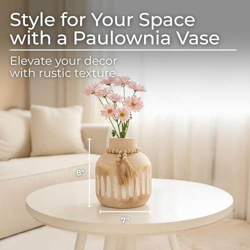 Paulownia Wood Decorative Vase – Flower Holder and Accent Vase – Shelf, Table, or Mantel Living Room Placement – Rustic Distressed Design and Relaxed Texture – Home Decor – 8", Brown - color: Brown