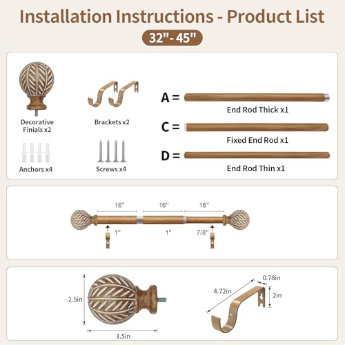 Wood Curtain Rod for Windows 32 to 45 Adjustable Heavy Duty Curtain Rod - size: 32-45"(1 Pack)