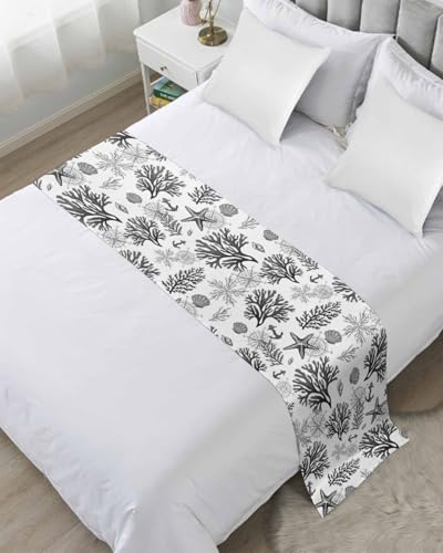 DecorLovee Black Grey Coastal Bed Runners for King Size Bed, Beach Nautical Bed Throws for Foot of Bed, Ocean Coral Starfish Bed Runner Sofa Throw Bedding Scarf Protector Slipcover for Bedroom - color: Black Grey Coastal, size: 94"x20" for King Bed