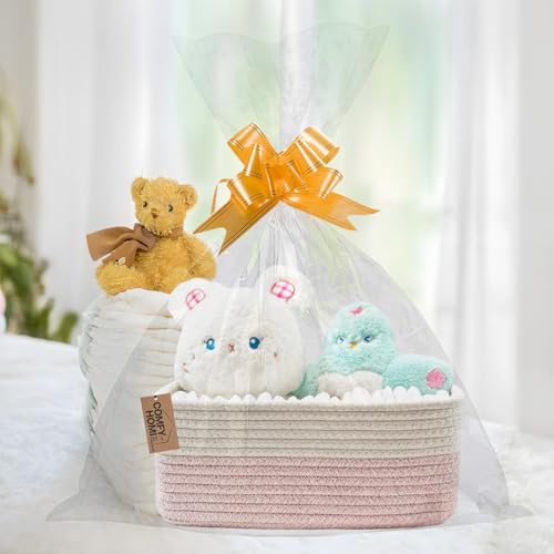COMFY-HOMI 13" x 8.5" x 5.1" Storage Baskets for Organizing | Cotton Rope Woven Basket | Toy Storage Bin Box | Basket for Shelves, Closet Organizer Bin, Decorative Closet Shelf, 1 Pack - color: White/Pink, size: 13" x 8.5" x 5.1"