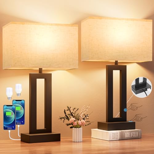 Nightstand Table Lamps for Bedrooms Set of 2 - Touch Bedside Lamp with USB C+A, 3 Way Dimmable Living Room Lamps for End Tables Set of 2, Modern Night Stand Lamps for Bed Side Guest Room(Cream) - color: D. Cream&Black, size: Medium(19.6in)