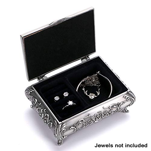 Hipiwe Vintage Jewelry Box Small Metal Trinket Box Engraved Rose for Women - color: Silver, size: Small