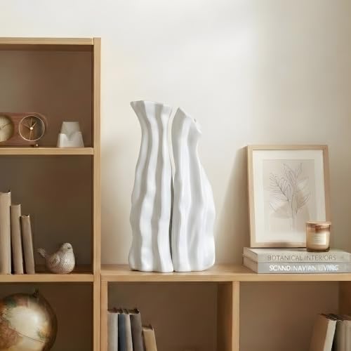White Tall Ceramic Vase Set of 2, Sculptural Mountain Decor, Matte Finish - color: Cool White