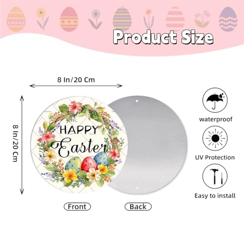 EMOHAT Happy Easter Floral Round Metal Tin Sign, 8x8 Inch Spring Wall Art with Easter Eggs Flowers, Rustic Outdoor Decor for Garden Yard Porch - color: Happy Easter Floral, size: 8x8 Inch
