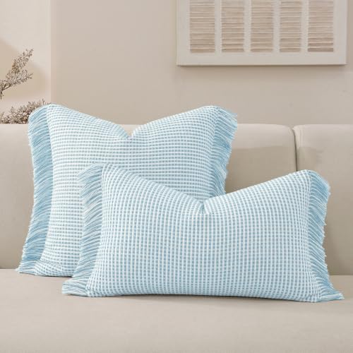 Boho Throw Pillow Covers Set of 2 Handmade Soft Striped Fringe Pillow Cover Farmhouse Cushion Covers with Elegant Tassel Decorative Pillowcase for Sofa Bed (Pale Blue, 22" x 22" (Pack of 2)) - color: Pale Blue, size: 22" x 22" (Pack of 2)
