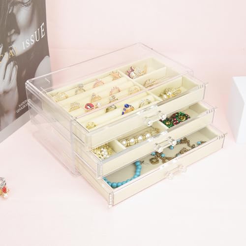 Weiai 3 Drawer Acrylic Jewelry Box Organizer Earring Storage Case Tray for Women - color: Beige