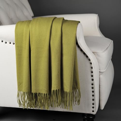 CUDDLE DREAMS Premium Cashmere Throw Blanket with Fringe (Bamboo Green) - color: Bamboo Green