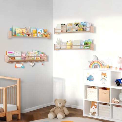 34Inch Nursery Book Shelves Wall Mounted, Floating Book Shelf for Kids Coat Rack with 6 Hooks, Wall Hanging Shelf for Baby Nursery Room Organizer ,Patent Number:US-D1058229-S(4, Burlywood) - color: Burlywood