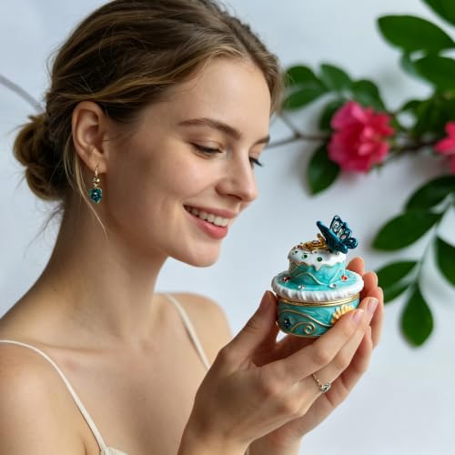 Cute Enamel Hinged Trinket Jewelry Box Cake Ring Holder Unique Home Decor Figurine Keepsake Collectible, Personalized Handmade Decoration Ornament Gifts Blue - color: Blue