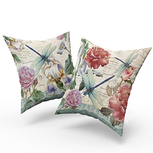 Giwawa Vintage Floral Throw Pillow Covers Set of 2 Dragonfly Butterfly Decorative Cushion Case for Home Sofa Couch Chair Bedroom, 20 X 20 Inch - color: Dragonfly Flower, size: 20" x 20" (Pack of 1)