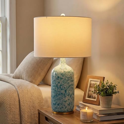 Modern Farmhouse Ceramic Table Lamp, 26" Tall Blue & White Kiln Glaze Bedside Lamp with Linen Shade, Contemporary Accent Lamp for Living Room Bedroom - color: Blue