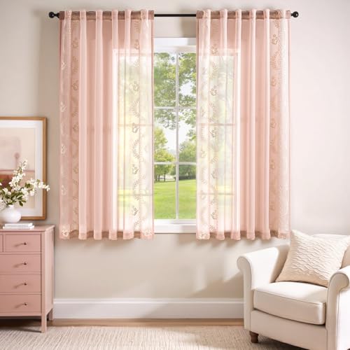jinchan Floral Sheer Curtains, Back Tab 50x63 Inch, 2 Panels Pink - color: S | Pink, size: 50"W x 63"L (Pack of 2)