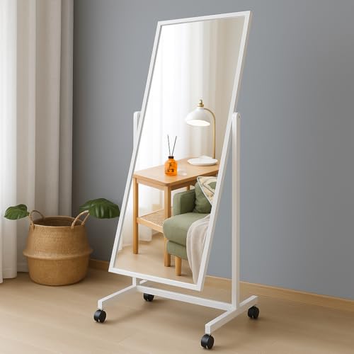 Swivel Tilting Full Length Mirror on Wheels 65"x22", Pine Wood Frame Cheval Floor Rolling Mirror Full Body with Standing Holder for Bedroom, Babershop, Home Gym, Angle Adjustable (White) - color: White-65"x22"