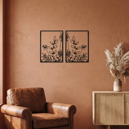 Afcabakila 3 Pcs Black Metal Wall Art Minimalist Wall Decor Modern Minimalist Floral Single Line Living Room Wall Decor Metal Boho Flower for Bedroom Kitchen Bathroom 16.5x11.8 Inch