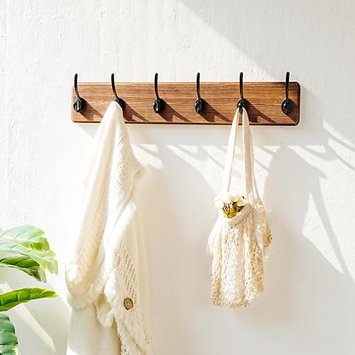 Dseap Coat Rack Wall: 24" Long, Patented, Heavy-Duty, 6-Double-Hooks Wooden Wall Mounted Coat Rack Coat Hanger Hook Rail for Winter Coats Hat Jacket Clothing, Natural & Black - color: Natural & Black, size: L=24"(1pcs)