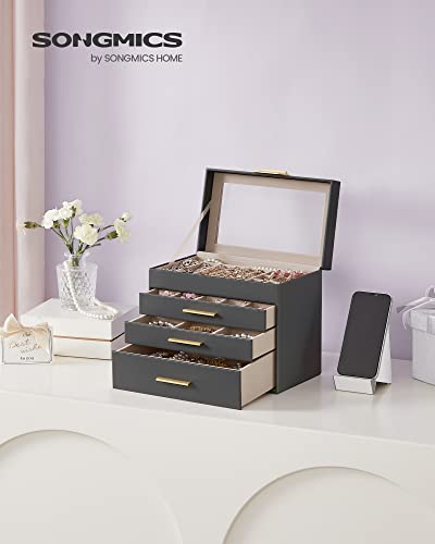 SONGMICS Jewelry Box Organizer, 4-Layer Storage with 3 Drawers, Glass Lid - color: Gray + Gold, size: 4 Layer (6"d X 9.9"w)