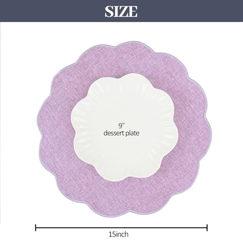 AHHFSMEI Round Scalloped Placemats Set of 6 15 Inch Faux Linen - color: Purple