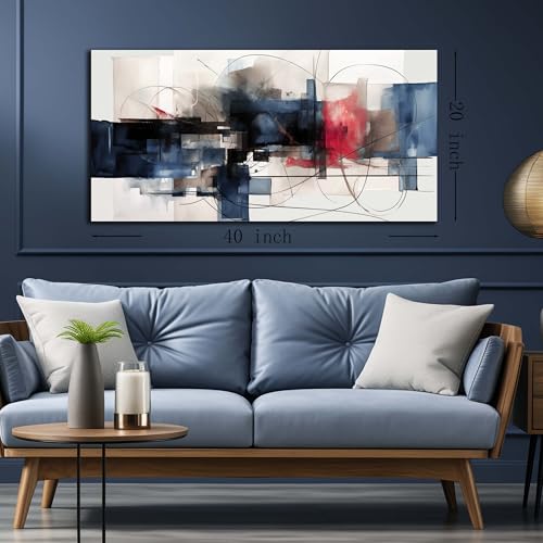 Fuwobriva Abstract Canvas Wall Art for Living Room Bedroom Office Large Wall Art Decor Abstract Wall Art Modern Black Red and Blue Geometry Painting Artwork 20"x40"