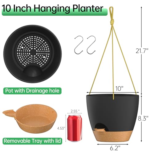 ZMTECH 10 Inch Hanging Planters for Indoor Outdoor Plants, 2 Pack Self Watering Hanging Plant Pots with Drainage Holes and Removable Saucer, Plastic Flower Hanging Pots with Watering Lip (Black) - color: Black, size: 10 Inch