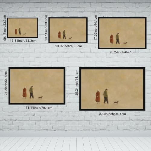 Canvas Wall Art Elderly Couple Walking Dog Minimalist Neutral Living Decor - color: Black Framed, size: 12"L x 8"W