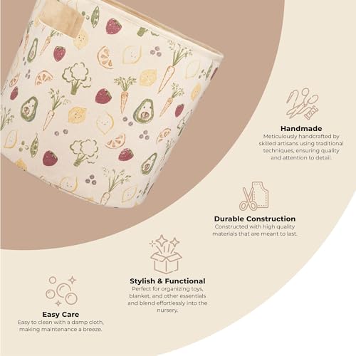 Crane Baby Clementine Canvas Storage Bin, Nursery Hamper and Baby Storage Basket for Toys, Clothes, and Diapers, Toy Baskets, Fabric Nursery Basket, Garden Fruits and Veggies Print, 13" x 12" - size: 13 x 12 Inches, style: Fruits & Veggies