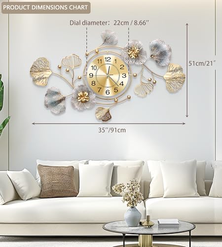 36" Modern Farmhouse Large Decorative Wall Clock, Ginkgo Metal Art - color: Retro Blue Color, size: 35 x 20 inches