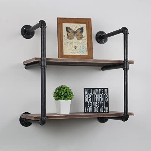 MBQQ Industrial Pipe Shelving Wall Mounted,24in Rustic Metal Floating Shelves,Steampunk Real Wood Book Shelves,Wall Shelf Unit Bookshelf Hanging Wall Shelves,Farmhouse Kitchen Bar Shelving(2 Tier) - color: 2-layer, size: 24in