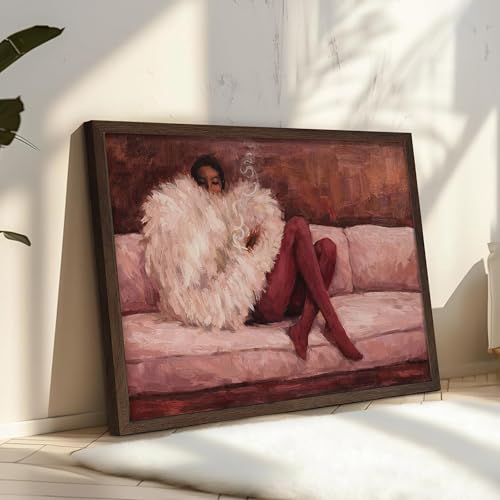Vintage Framed Impressionist Wall Art, Elegant Woman Lounging on Sofa Canvas Print, Moody Victorian African Women Artwork, Modern Fashion Wall Decor for Living Room Bedroom Office 16x24in - color: Cool Girl, size: 24"L x 16"W