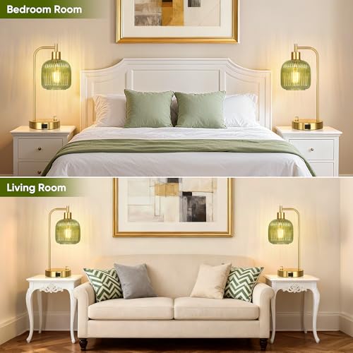 Green Glass Table Lamps Set of 2, Dimmable Bedside Lamps for Living Room - color: Gold&Green