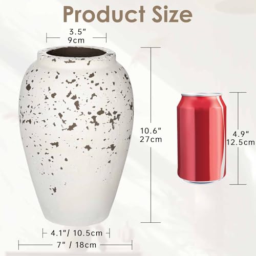 Handcrafted Flower Vase, 10.5" Tall Terracotta Vases, Vintage Rustic Ceramic Vase Décor, Wide Mouth, Matte Finish for Home Office Resto Café Décor - color: White Rustic 10.5"