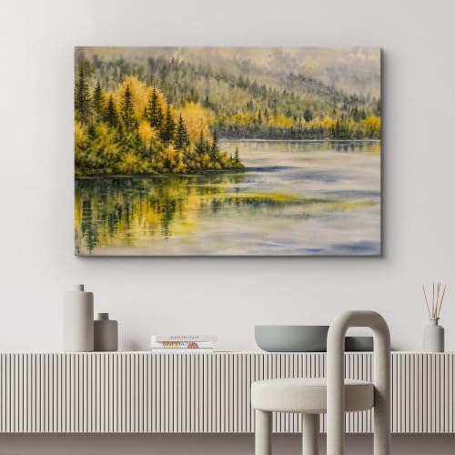 wall26 Canvas Print Wall Art Watercolor Autumn Forest Lake Photography Realism Chic Multicolor for Living Room, Bedroom, Office - 12"x18" - color: A33-2608-ANG04, size: 18"L x 12"W