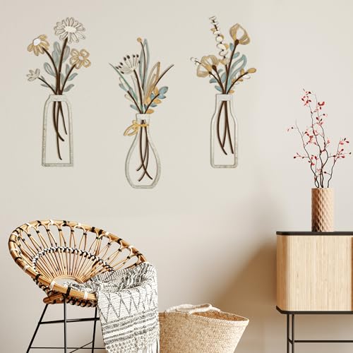 Embewhis Metal Wall Art Flowers 3pcs, Rustic Farmhouse Flower Sculptures, 13.7" Wall Art Decor, Drill-Free Install Option for Living Room, Kitchen, Bedroom & Bathroom - size: A