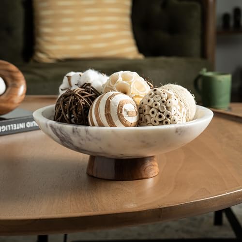 Cork & Mill Marble Decorative Bowl with Acacia Wood Pedestal, 11 Inch