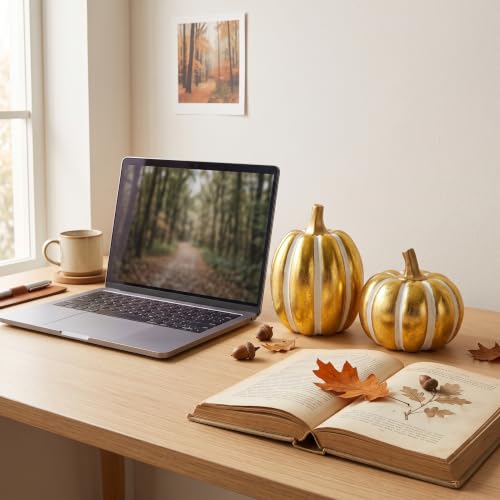 FESTGLOX 2Pcs Resin Pumpkin Figurines, Fall Thanksgiving Decor - color: Gold and White-2pcs