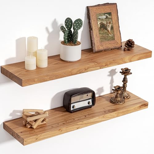 Floating Shelves for Wall, 8" Deep Elm Wood Shelves, 30in Set of 2, Natural - color: Natural, size: Flat Edge, 30inch, 2Packs