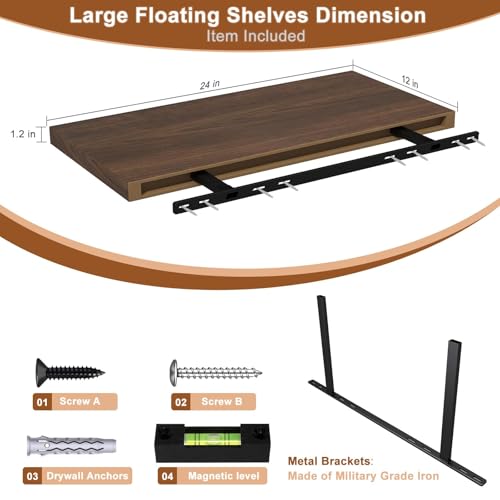 Large Floating Shelves for Wall 24" W x 12" D x 1.2" H Deep Floating Shelves 1 Pack Floating Shelf Large Storage Space Wall Mount Shelf for Living Room Kitchen Bathroom Walnut - color: Walnut, size: 24 Inch