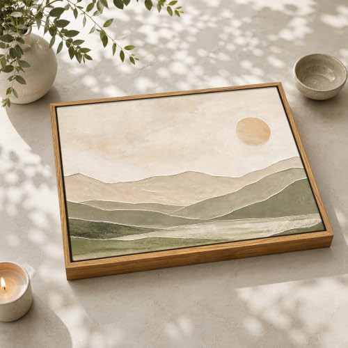 SPIGETO Framed Sage Green Abstract Landscape Mountain Sun Wall Art, 16x12 - color: SUN, size: 16"L x 12"W